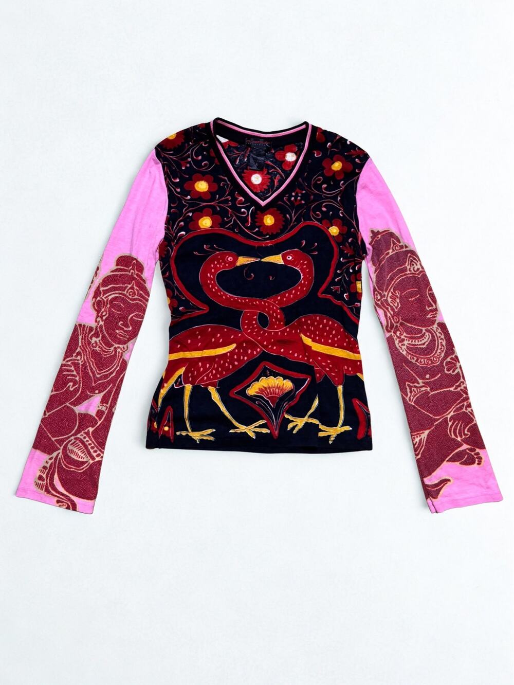 Vtg Y2K Custo Barcelona Black Pink Flamingo Print Graphic Long Sleeve Euro Top